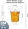100-pack of 16 oz clear plastic cups with lids and straws. Sturdy, food-safe, and perfect for iced coffee, smoothies, or any cold beverages. Disposable and convenient.